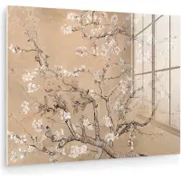 MuchoWow Glasschilderij 80x60 cm - Schilderij acrylglas - Amandelbloesem - Kunst - Van Gogh - Beige - Foto op glas - Muurdecoratie woonkamer - Wanddecoratie slaapkamer - Schilderijen
