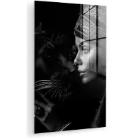 MuchoWow Glasschilderij 20x30 cm - Schilderij acrylglas - Vrouw - Panter - Luxe - Zwart - Wit - Dier - Foto op glas - Muurdecoratie woonkamer - Wanddecoratie slaapkamer - Schilderijen