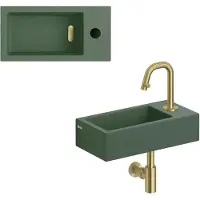 Clou Flush 3 keramische fontein groen mat met Kaldur toiletkraan messing geborsteld PVD