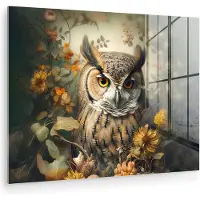 MuchoWow Glasschilderij 80x60 cm - Schilderij acrylglas - Uil - Vogels - Bloemen - Natuur - Foto op glas - Muurdecoratie woonkamer - Wanddecoratie slaapkamer - Schilderijen