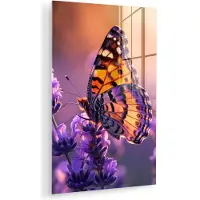MuchoWow Glasschilderij 60x90 cm - Schilderij acrylglas - Bloemen - Vlinder - Lavendel - Bloem - Natuur - Foto op glas - Muurdecoratie woonkamer - Wanddecoratie slaapkamer - Schilderijen