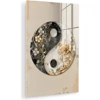 MuchoWow Glasschilderij 120x180 cm - Schilderij acrylglas - Yin Yang - Bloemen - Zwart - Wit - Vintage - Foto op glas - Muurdecoratie woonkamer - Wanddecoratie slaapkamer - Schilderijen