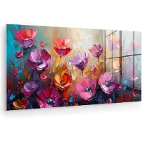 MuchoWow Glasschilderij 40x20 cm - Schilderij acrylglas - Bloemen - Paars - Kleurrijk - Handgeschilderd - Kunst - Foto op glas - Muurdecoratie woonkamer - Wanddecoratie slaapkamer - Schilderijen