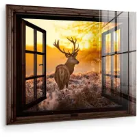 MuchoWow Glasschilderij 160x120 cm - Schilderij acrylglas - Hert - Herfst - Dieren - Natuur - Bos - Doorkijk - Foto op glas - Muurdecoratie woonkamer - Wanddecoratie slaapkamer - Schilderijen