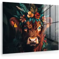MuchoWow Glasschilderij 160x120 cm - Schilderij acrylglas - Schotse Hooglander - Bloemen - Bladeren - Foto op glas - Muurdecoratie woonkamer - Wanddecoratie slaapkamer - Schilderijen
