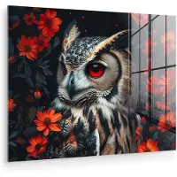 MuchoWow Glasschilderij 160x120 cm - Schilderij acrylglas - Uil - Bosdieren - Rode bloemen - Natuur - Foto op glas - Muurdecoratie woonkamer - Wanddecoratie slaapkamer - Schilderijen
