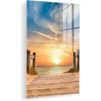 MuchoWow Glasschilderij 100x150 cm - Schilderij acrylglas - Strand - Zonsondergang - Pad - Duinen - Foto op glas - Muurdecoratie woonkamer - Wanddecoratie slaapkamer - Schilderijen