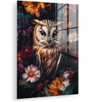 MuchoWow Glasschilderij 30x40 cm - Schilderij acrylglas - Uil - Bloemen - Kleurrijk - Natuur - Foto op glas - Muurdecoratie woonkamer - Wanddecoratie slaapkamer - Schilderijen