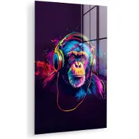 MuchoWow Glasschilderij 120x180 cm - Schilderij acrylglas - Aap - Koptelefoon - Muziek - Kleurrijk - Foto op glas - Muurdecoratie woonkamer - Wanddecoratie slaapkamer - Schilderijen