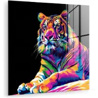 MuchoWow Glasschilderij 90x90 cm - Schilderij acrylglas - Tijger - Kleurrijk - Dieren - Zwart - Neon - Foto op glas - Muurdecoratie woonkamer - Wanddecoratie slaapkamer - Schilderijen