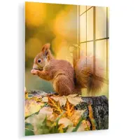 MuchoWow Glasschilderij 90x120 cm - Schilderij acrylglas - Eekhoorn - Herfst - Bosdieren - Herfstbladeren - Bos - Foto op glas - Muurdecoratie woonkamer - Wanddecoratie slaapkamer - Schilderijen