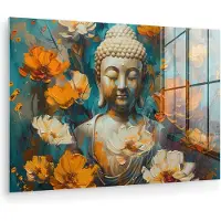 MuchoWow Glasschilderij 120x80 cm - Schilderij acrylglas - Buddha - Bloemen - Kleurrijk - Modern - Foto op glas - Muurdecoratie woonkamer - Wanddecoratie slaapkamer - Schilderijen