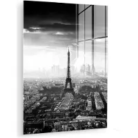 MuchoWow Glasschilderij 90x120 cm - Schilderij acrylglas - Parijs - Skyline - Eiffeltoren - Stad - Wolken - Foto op glas - Muurdecoratie woonkamer - Wanddecoratie slaapkamer - Schilderijen