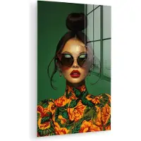 MuchoWow Glasschilderij 60x90 cm - Schilderij acrylglas - Vrouw - Groen - Modern - Bril - Abstract - Foto op glas - Muurdecoratie woonkamer - Wanddecoratie slaapkamer - Schilderijen