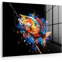 MuchoWow Glasschilderij 80x60 cm - Schilderij acrylglas - Graffiti - Sport - Vissen - Vis - Hengel - Foto op glas - Muurdecoratie woonkamer - Wanddecoratie slaapkamer - Schilderijen