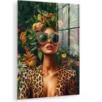 MuchoWow Glasschilderij 90x120 cm - Schilderij acrylglas - Vrouw - Panterprint - Jungle - Natuur - Luxe - Foto op glas - Muurdecoratie woonkamer - Wanddecoratie slaapkamer - Schilderijen
