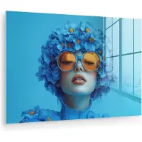 MuchoWow Glasschilderij 120x80 cm - Schilderij acrylglas - Vrouw - Bloem - Blauw - Modern - Bril - Portret - Foto op glas - Muurdecoratie woonkamer - Wanddecoratie slaapkamer - Schilderijen