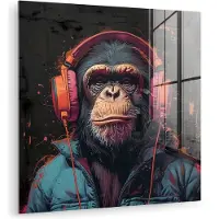 MuchoWow Glasschilderij 20x20 cm - Schilderij acrylglas - Graffiti - Chimpansee - Koptelefoon - Aap - Foto op glas - Muurdecoratie woonkamer - Wanddecoratie slaapkamer - Schilderijen