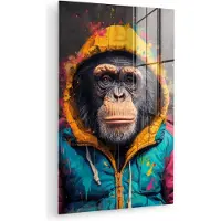 MuchoWow Glasschilderij 40x60 cm - Schilderij acrylglas - Graffiti - Chimpansee - Jas - Aap - Verf - Foto op glas - Muurdecoratie woonkamer - Wanddecoratie slaapkamer - Schilderijen