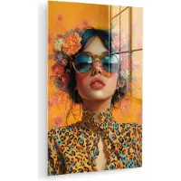 MuchoWow Glasschilderij 60x90 cm - Schilderij acrylglas - Vrouw - Bloemen - Aesthetic - Oranje - Foto op glas - Muurdecoratie woonkamer - Wanddecoratie slaapkamer - Schilderijen