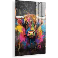 MuchoWow Glasschilderij 20x30 cm - Schilderij acrylglas - Graffiti - Schotse hooglander - Koe - Kleurrijk - Foto op glas - Muurdecoratie woonkamer - Wanddecoratie slaapkamer - Schilderijen