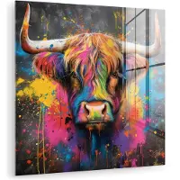 MuchoWow Glasschilderij 20x20 cm - Schilderij acrylglas - Graffiti - Schotse hooglander - Koe - Kleurrijk - Foto op glas - Muurdecoratie woonkamer - Wanddecoratie slaapkamer - Schilderijen
