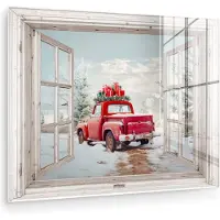 MuchoWow Glasschilderij 40x30 cm - Schilderij acrylglas - Auto - Rood - Cadeaus - Winter - Kerst - Doorkijk - Wit - Foto op glas - Muurdecoratie woonkamer - Wanddecoratie slaapkamer - Schilderijen