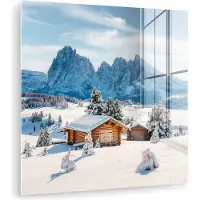 MuchoWow Glasschilderij 50x50 cm - Schilderij acrylglas - Winter - Huisje - Bergen - Uitzicht - Sneeuw - Foto op glas - Muurdecoratie woonkamer - Wanddecoratie slaapkamer - Schilderijen