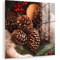 MuchoWow Glasschilderij 50x50 cm - Schilderij acrylglas - Dennenappels - Boom - Winter - Natuur - Bruin - Foto op glas - Muurdecoratie woonkamer - Wanddecoratie slaapkamer - Schilderijen