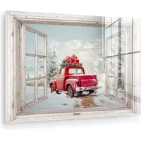 MuchoWow Glasschilderij 60x40 cm - Schilderij acrylglas - Auto - Rood - Cadeaus - Winter - Kerst - Doorkijk - Wit - Foto op glas - Muurdecoratie woonkamer - Wanddecoratie slaapkamer - Schilderijen