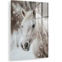 MuchoWow Glasschilderij 120x160 cm - Schilderij acrylglas - Paard - Wit - Winter - Natuur - Sneeuw - Dieren - Foto op glas - Muurdecoratie woonkamer - Wanddecoratie slaapkamer - Schilderijen