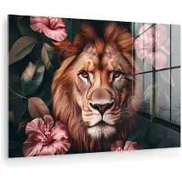 MuchoWow Glasschilderij 120x80 cm - Schilderij acrylglas - Leeuw - Roze bloemen - Bladeren - Botanisch - Foto op glas - Muurdecoratie woonkamer - Wanddecoratie slaapkamer - Schilderijen