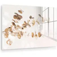 MuchoWow Glasschilderij 30x20 cm - Schilderij acrylglas - Eucalyptus - Goud - Bladeren - Luxe - Natuur - Foto op glas - Muurdecoratie woonkamer - Wanddecoratie slaapkamer - Schilderijen
