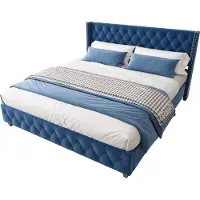 Merax Tweepersoonsbed 160x200 cm – Blauw Velvet – Queensize Bedframe met Lattenbodem
