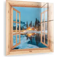MuchoWow Glasschilderij 20x20 cm - Schilderij acrylglas - Winterlandschap - Natuur - Huis - Bergen - Doorkijk - Raam - Foto op glas - Muurdecoratie woonkamer - Wanddecoratie slaapkamer - Schilderijen