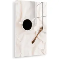 MuchoWow Glasschilderij 100x150 cm - Schilderij acrylglas - Koffie - Lepel - Mok - Foto op glas - Muurdecoratie woonkamer - Wanddecoratie slaapkamer - Schilderijen