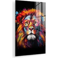MuchoWow Glasschilderij 100x150 cm - Schilderij acrylglas - Graffiti - Leeuw - Bril - Zwart - Kleurrijk - Foto op glas - Muurdecoratie woonkamer - Wanddecoratie slaapkamer - Schilderijen