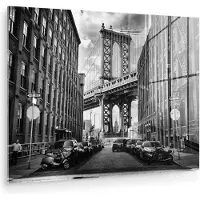 MuchoWow Glasschilderij 40x30 cm - Schilderij acrylglas - Straat - Brug - Amerika - Zwart wit - Foto op glas - Muurdecoratie woonkamer - Wanddecoratie slaapkamer - Schilderijen