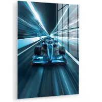 MuchoWow Glasschilderij 120x160 cm - Schilderij acrylglas - Race - Auto - Formule 1 - Jongens - Blauw - Foto op glas - Muurdecoratie woonkamer - Wanddecoratie slaapkamer - Schilderijen