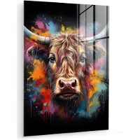 MuchoWow Glasschilderij 120x160 cm - Schilderij acrylglas - Graffiti - Schotse hooglander - Zwart - Koe - Foto op glas - Muurdecoratie woonkamer - Wanddecoratie slaapkamer - Schilderijen