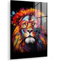 MuchoWow Glasschilderij 120x160 cm - Schilderij acrylglas - Graffiti - Leeuw - Bril - Zwart - Kleurrijk - Foto op glas - Muurdecoratie woonkamer - Wanddecoratie slaapkamer - Schilderijen