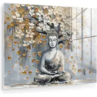 MuchoWow Glasschilderij 80x60 cm - Schilderij acrylglas - Boeddha - Bloemen - Boom - Goud - Modern - Foto op glas - Muurdecoratie woonkamer - Wanddecoratie slaapkamer - Schilderijen