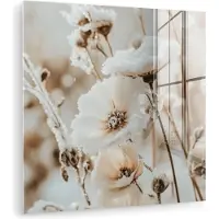 MuchoWow Glasschilderij 50x50 cm - Schilderij acrylglas - Bloemen - Winter - Wit - Sneeuw - Beige - Foto op glas - Muurdecoratie woonkamer - Wanddecoratie slaapkamer - Schilderijen
