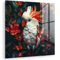MuchoWow Glasschilderij 90x90 cm - Schilderij acrylglas - Kaketoe - Vlinders - Bloemen - Veren - Dieren - Foto op glas - Muurdecoratie woonkamer - Wanddecoratie slaapkamer - Schilderijen