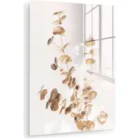 MuchoWow Glasschilderij 120x160 cm - Schilderij acrylglas - Eucalyptus - Goud - Bladeren - Luxe - Natuur - Foto op glas - Muurdecoratie woonkamer - Wanddecoratie slaapkamer - Schilderijen