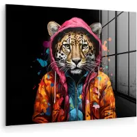 MuchoWow Glasschilderij 80x60 cm - Schilderij acrylglas - Graffiti - Luipaard - Zwart - Jas - Foto op glas - Muurdecoratie woonkamer - Wanddecoratie slaapkamer - Schilderijen