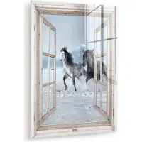 MuchoWow Glasschilderij 120x160 cm - Schilderij acrylglas - Doorkijk - Paarden - Winter - Dieren - Natuur - Wit - Foto op glas - Muurdecoratie woonkamer - Wanddecoratie slaapkamer - Schilderijen