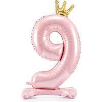 Party Deco Partydeco - Staande folieballon Cijfer 9 Licht roze met kroon 84 cm