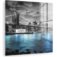 MuchoWow Glasschilderij 50x50 cm - Schilderij acrylglas - New York - Skyline - Stad - Blauw - Foto op glas - Muurdecoratie woonkamer - Wanddecoratie slaapkamer - Schilderijen
