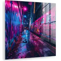 MuchoWow Glasschilderij 90x90 cm - Schilderij acrylglas - Stad - Neon - Nacht - Roze - Graffiti - Foto op glas - Muurdecoratie woonkamer - Wanddecoratie slaapkamer - Schilderijen